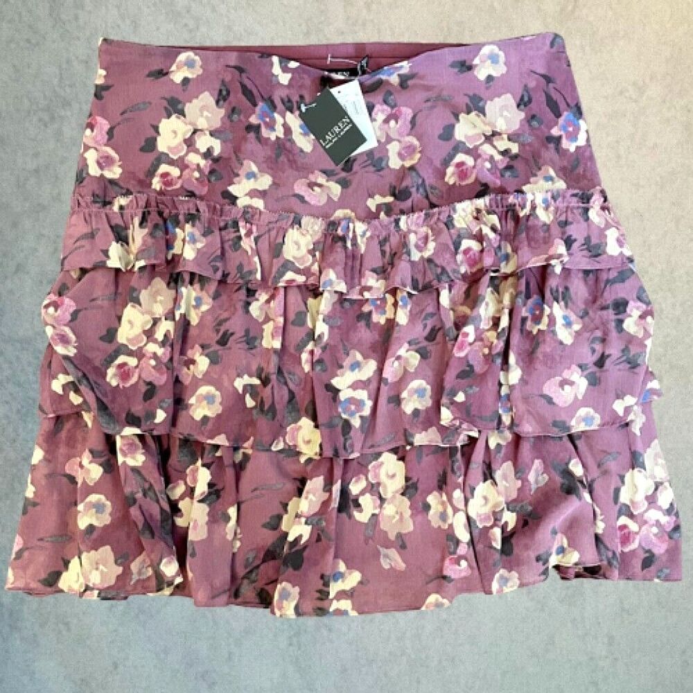 Lauren Ralph Lauren Purple Ruffled Tiered Skirt Womens Size 14 Purple Floral NEW